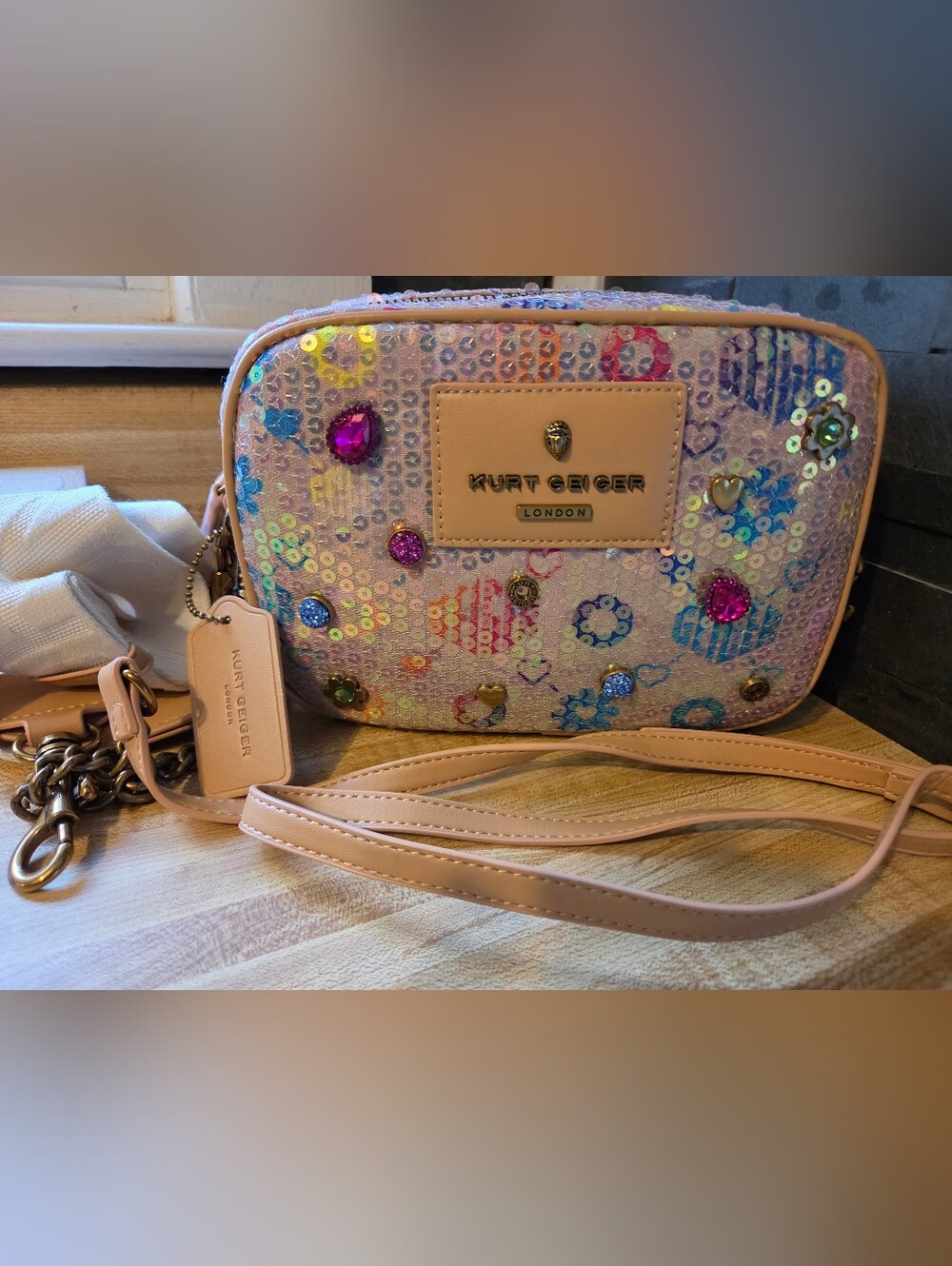 Kurt Geiger NWT Sequin & Embelished Camera Bag W/2 Straps & Dustbag